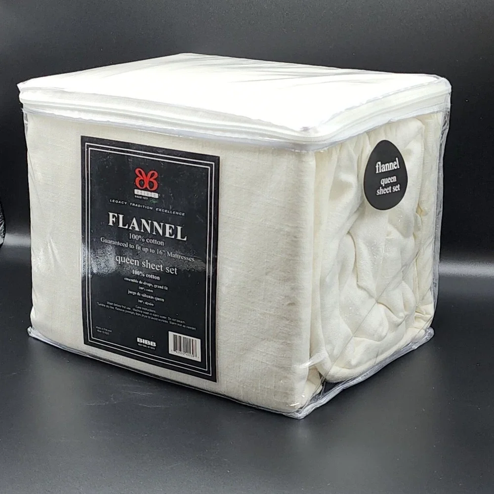 BIBB Home Heavy Cotton Flannel Sheet Set Queen Size Ivory 4pc Soft Cozy And Warm